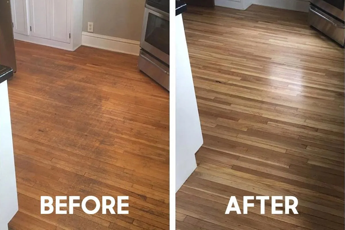 Before and after comparison of worn kitchen hardwood refinished by Artistry Floors near McKinney TX